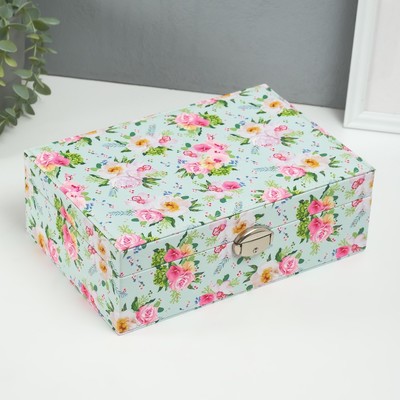 Шкатулка для украшений «Розы на зелёном», искусственная кожа, с замком, 18×27×9 см