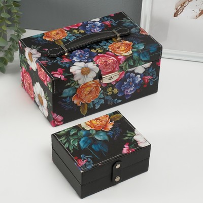 Шкатулка для украшений «Сундук. Винтажный букет на чёрном», искусственная кожа, 24×15×12 см