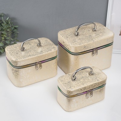 Набор шкатулок для украшений с зеркалом «Узоры бабочки», 3 шт., искусственная кожа, беж