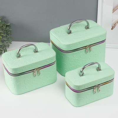 Набор шкатулок для украшений с зеркалом «Сердца», 3 шт., искусственная кожа, св. зелёная