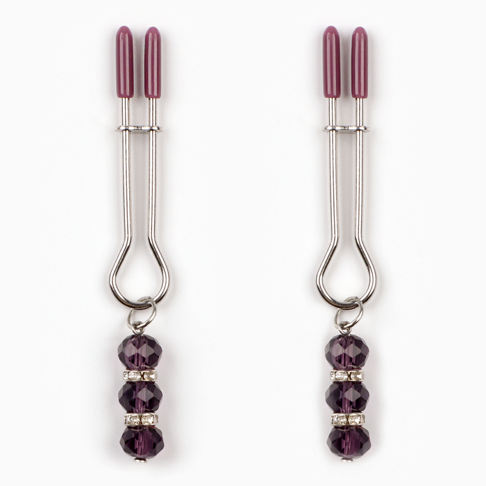 Зажимы для сосков, БДСМ аксессуар, с бусинами, металл, пластик, фиолетовый - Фото 1