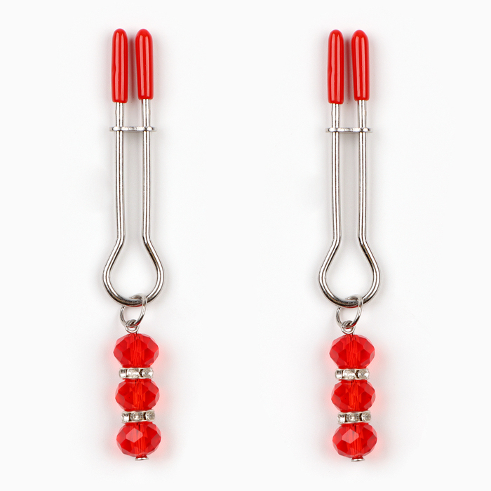 Зажимы для сосков, БДСМ аксессуар, с бусинами, металл, пластик, красный - Фото 1