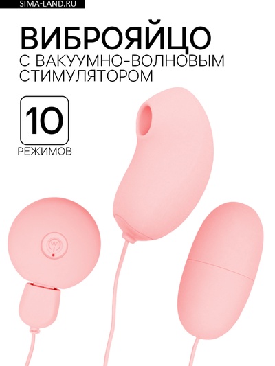 Виброяйцо с вакуумно-волновым стимулятором клитора, повербанк, софт-силикон, розовый