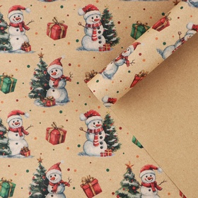 Бумага упаковочная крафтовая «Снеговички», 50?70 см (комплект 10 шт)