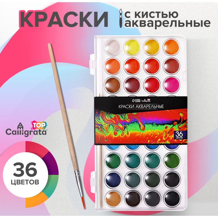 Краски акварельные 36 цветов, круглые, диаметр кюветы 23 мм, с кистью, пластиковый пенал, CALLIGRATA TOP - Фото 1