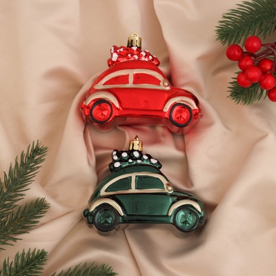 Ёлочные игрушки 2 шт. «Зимнее волшебство. Машинка колор» пластик, 9×5×7 см, зелёный, красный