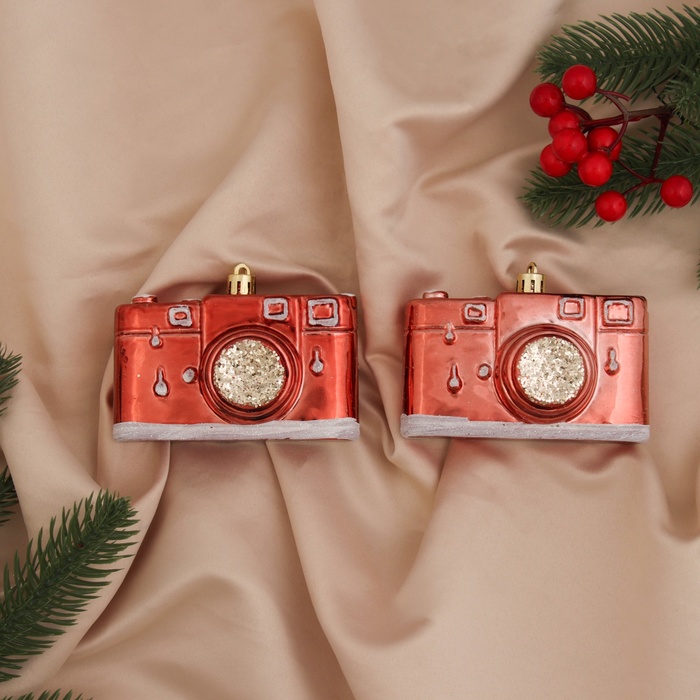 Ёлочные игрушки 2 шт. «Зимнее волшебство. Фотоаппарат» пластик, 9.5×4.5×7 см, красный - Фото 1