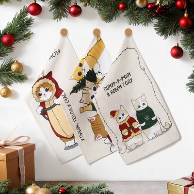 Набор новогодних полотенец Доляна «Помурчим в новом году» 28×46 см - 3штуки, 100% хлопок, вафля 160 г/м²