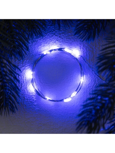 Гирлянда «Нить» 1 м роса. IP20, нить серебристая, 10 LED, 4.6 В, AG13×3 (в комплекте), 3 режима, свечение синее