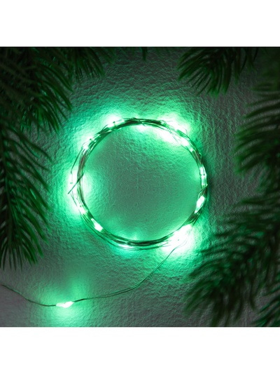 Гирлянда «Нить» 2 м роса. IP20, нить серебристая, 20 LED, 4.6 В, AG13×3 (в комплекте), 3 режима, свечение зелёное