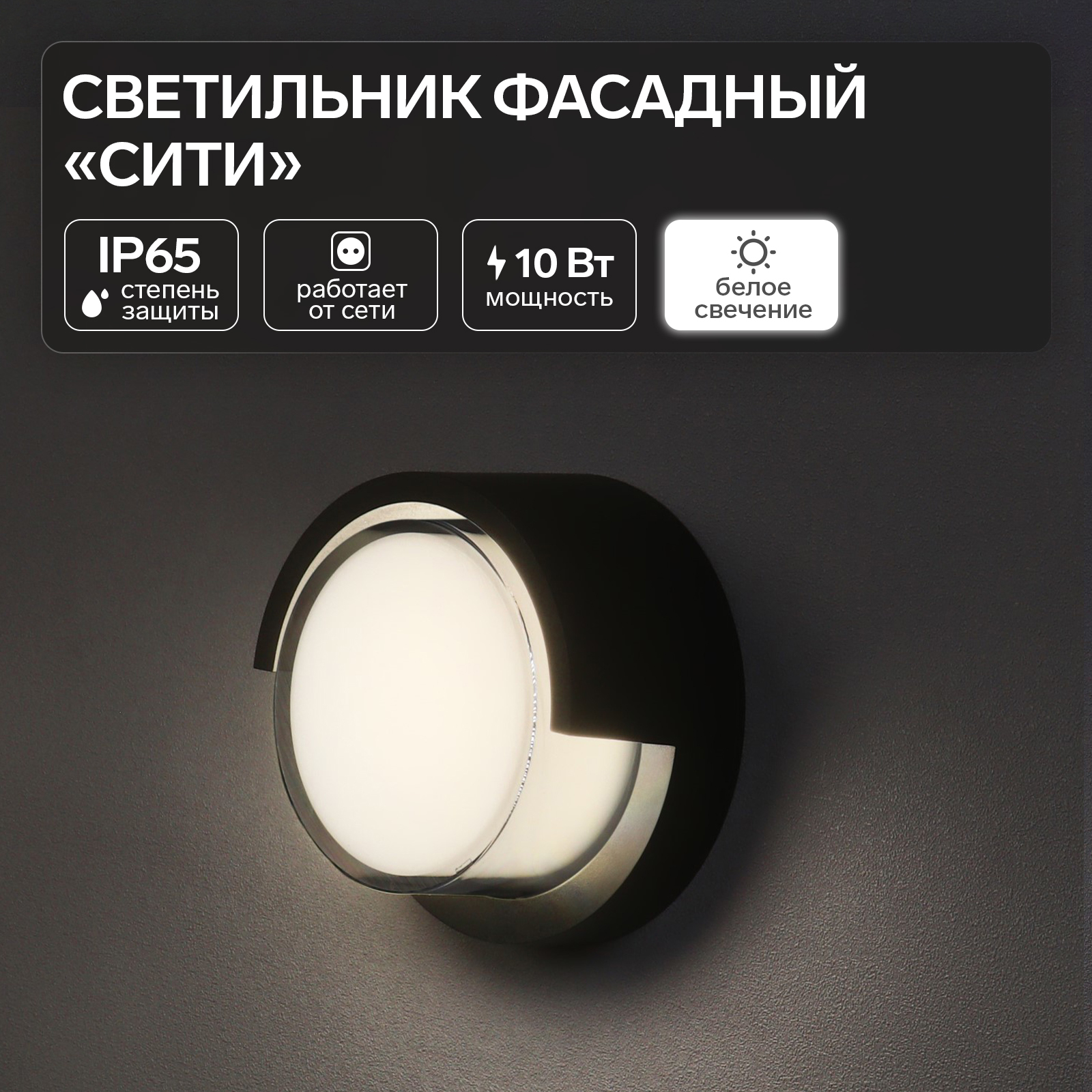Светильник фасадный «Сити», FSD-047, 10 Вт, 4000К, круг, IP65, 220 В ...