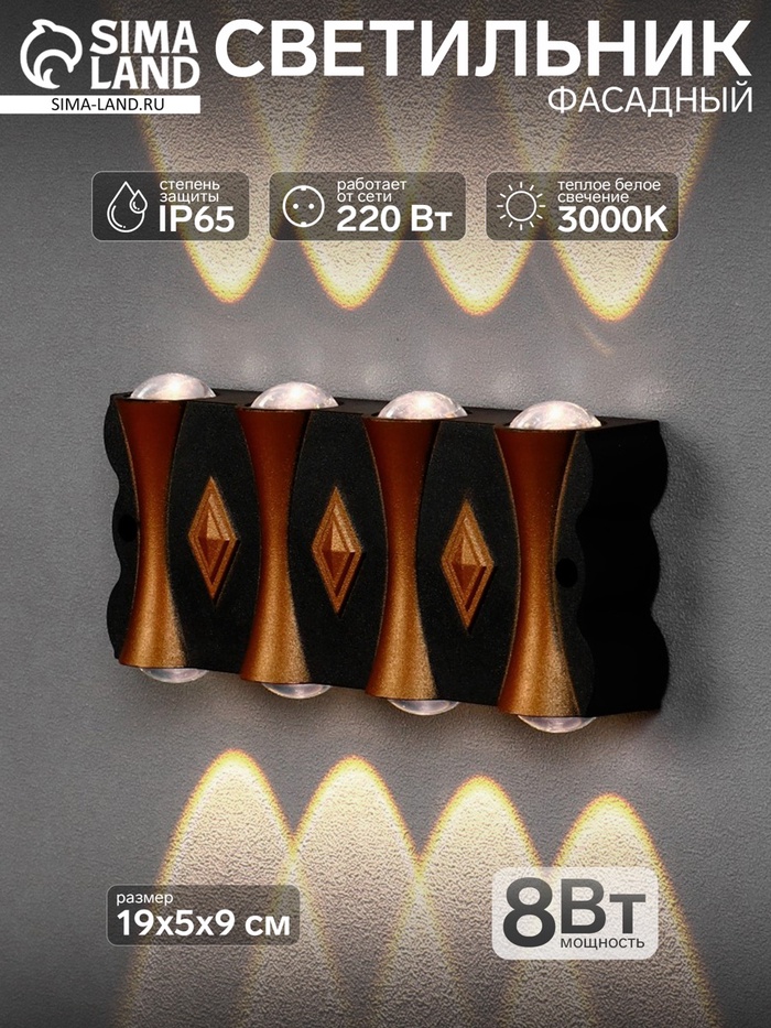 Светильник фасадный «Глосс», 8 Вт, 3000К, 4 луча, IP65, 220 В, пластиковый корпус, чёрный, свечение тёплое белое - Фото 1