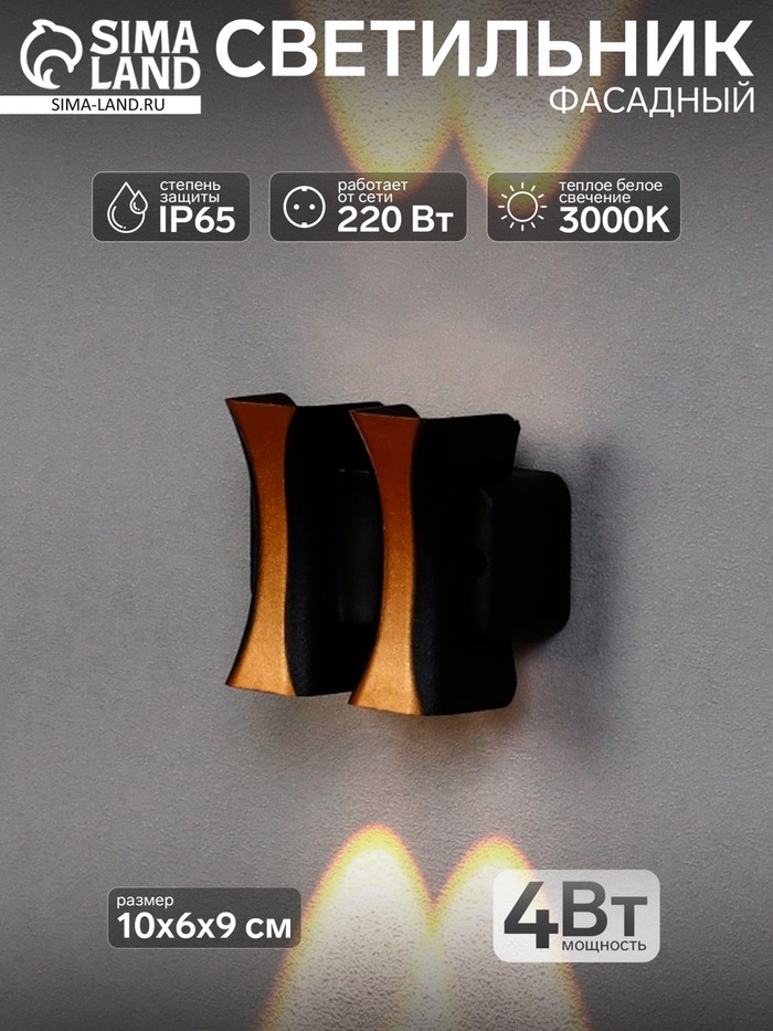 Светильник фасадный «Элегант», 4 Вт, 3000К, 2 луча, IP65, 220 В, пластиковый корпус, чёрный, свечение тёплое белое - Фото 1