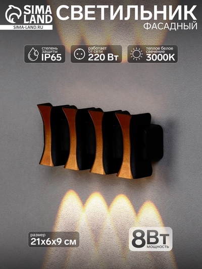 Светильник фасадный «Элегант», 8 Вт, 3000К, 4 луча, IP65, 220 В, пластиковый корпус, чёрный, свечение тёплое белое