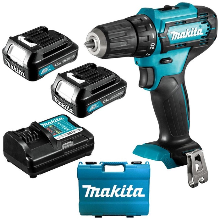 Дрель-шуруповерт Makita DF333DWYE, 12 В, 2х1.5 Ач, Li-ion, 450/1700 об/мин, 30/14 Нм, кейс   1073360
