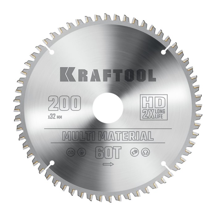 Диск пильный KRAFTOOL Multi Material, 200 х 32 мм, по алюминию, 60 зубьев - Фото 1