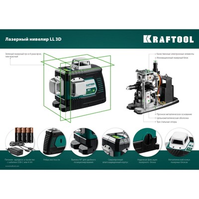 Нивелир лазерный Kraftool LL 3d=34641, 3 луча, 20/70 м, ± 4°, ± 0.2 мм/м, 5/8"