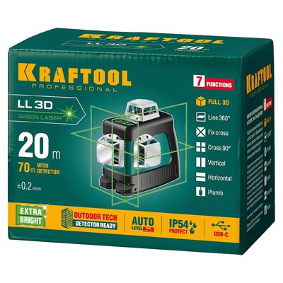 Нивелир лазерный Kraftool LL 3d=34641, 3 луча, 20/70 м, ± 4°, ± 0.2 мм/м, 5/8"