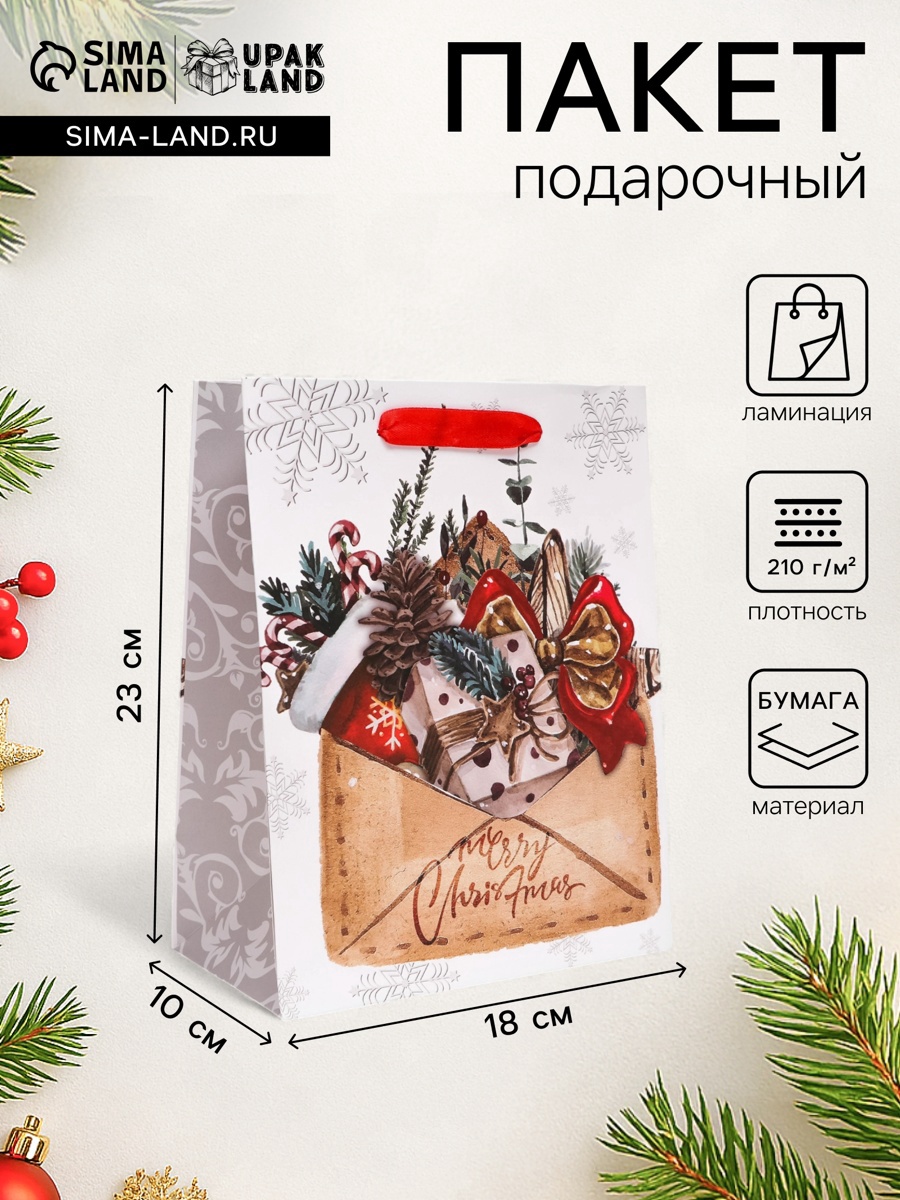 Пакет подарочный, ламинированный, "Письмо с подарками",18 х 23 х 10 см ...