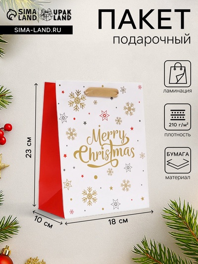 Пакет подарочный новогодний ламинированный «С Рождеством!»,18×23×10 см