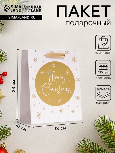 Пакет подарочный новогодний ламинированный «Золотые снежинки»,18×23×10 см