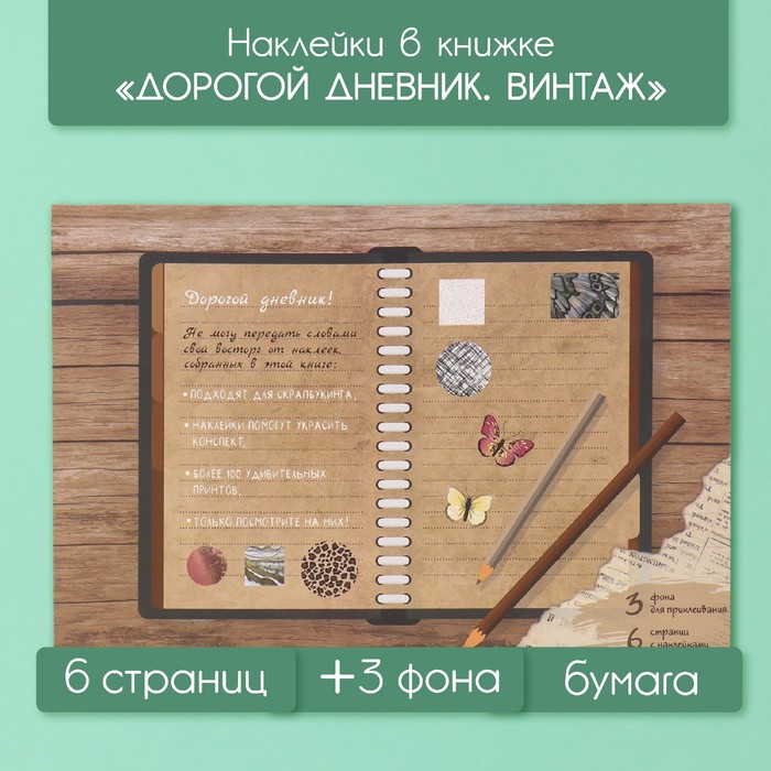 Наклейки в книжке "Дорогой дневник. Винтаж" + 3 фона 20,7х14,2 см - Фото 1