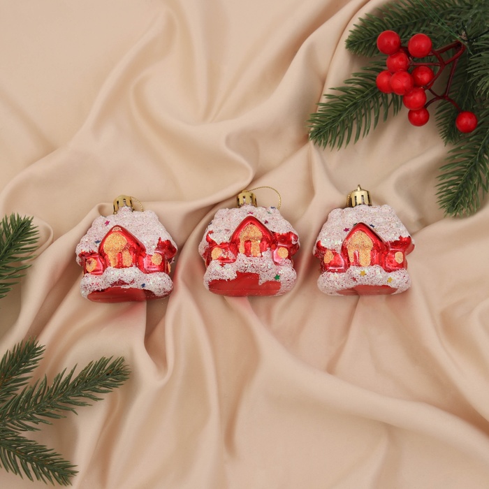 Ёлочные игрушки 3 шт. «Зимнее волшебство. Заснеженный домик» пластик, 6×5 см, красно-белый - Фото 1