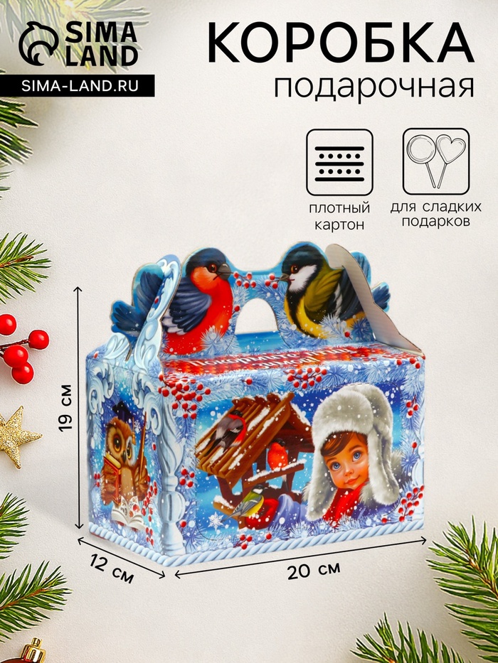 Подарочная коробка новогодняя Кормушка «Покормите птиц зимой» в синем окошко с двух сторон, 20×12×19 см - Фото 1