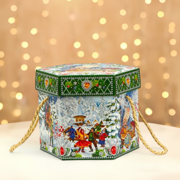 Подарочная коробка новогодняя Шестигранник малый «Двенадцать месяцев» с веревочными ручками, 210×210×185 мм - Фото 1