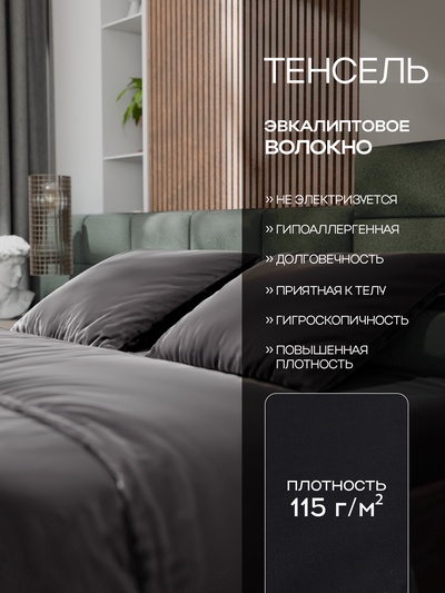 Постельное бельё евро «Этель», тенсель, чёрное
