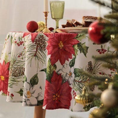 Скатерть новогодняя Доляна "Рождественские цветы" d145см, 100% п/э, 140гр/м2