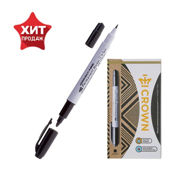 Маркер перманентный Crown. P-800W, чёрный, двухсторонний, узел 1.0 мм/2.0 мм