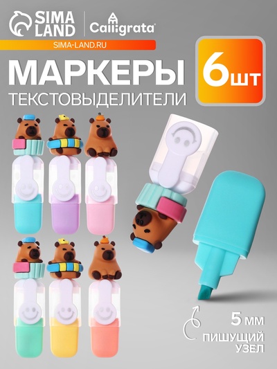 Набор маркеров-текстовыделителей, 6 штук, 6 цветов, в пенале, на молнии, «Капибары»