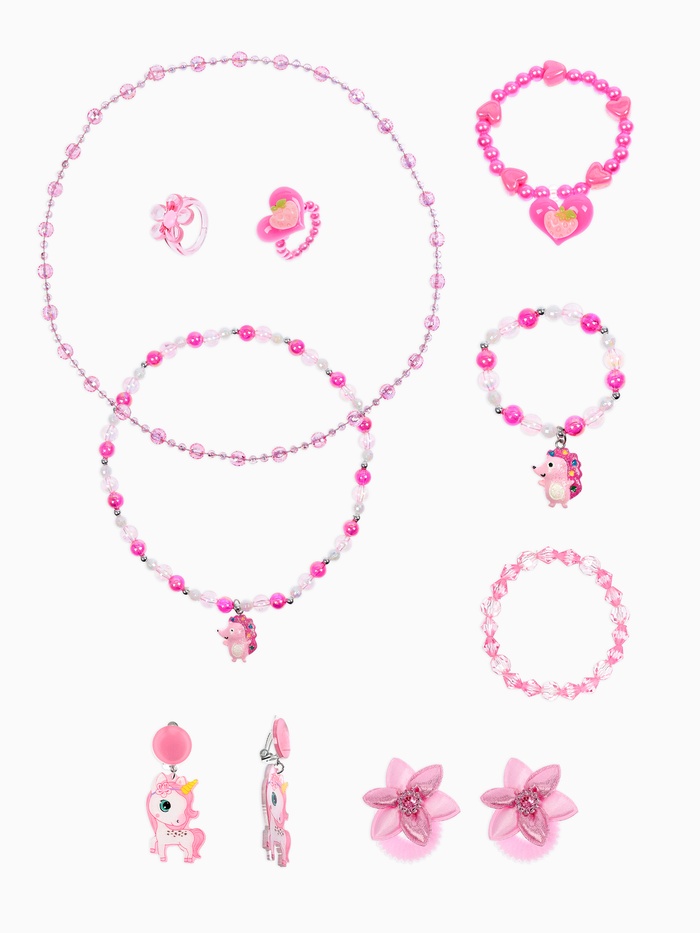 Детский подарочный набор «Выбражулька. Влюблённый единорог», 10 предметов: кольца, бусы, браслеты, клипсы, резинки, розовый