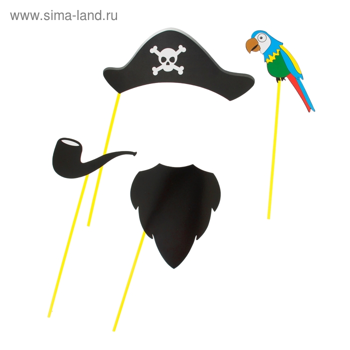 Набор аксессуаров для фотосессии на палочке "Пират" 4 пред.: шляпа, борода, попугай, трубка - Фото 1