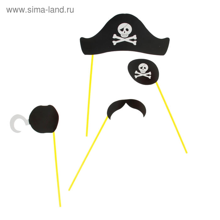 Набор аксессуаров для фотосессии на палочке"Пират" 4 предмета: шляпа, наглазник, усы, борода - Фото 1