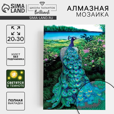 УЦЕНКА Алмазная мозаика с полным заполнением со светящимися стразами на холсте «Павлин», 20 х 30 см