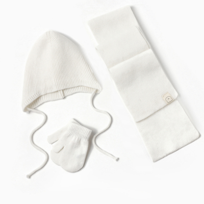 Комплект вязаный детский (шапка, шарф, варежки), молочный
