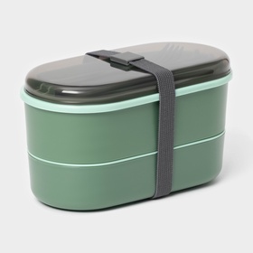 Ланч - бокс для еды двухуровневый с крышкой «Милитари», 17.5×9.2×6 см, 430 мл, 270 мл, столовые приборы, пластик, зелёный