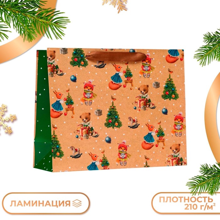 Пакет подарочный новогодний ламинированный «Зверята», 32×26×12 см - Фото 1