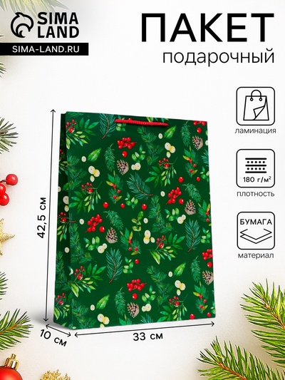 Пакет подарочный новогодний ламинированный «Веточки», 33×42.5×10 см
