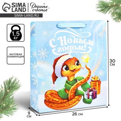 Пакет подарочный новогодний ламинированный «С Новым годом», M 26×30×9 см