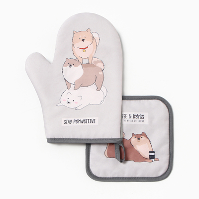 Кухонный набор «Доляна» Coffee & dogs: варежка-прихватка, прихватка, серый