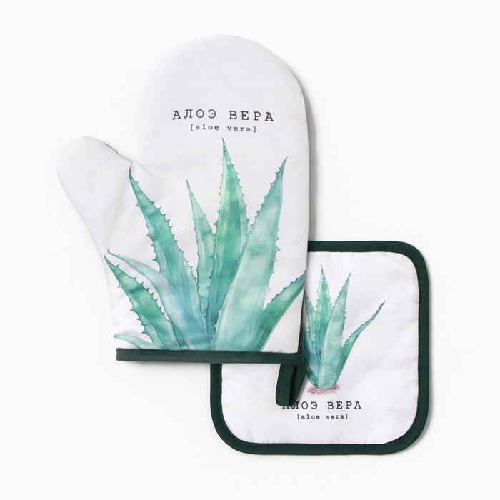 Кухонный набор «Доляна. Алоэ вера»: варежка-прихватка 20×27 см, прихватка 17×17 см - Фото 1