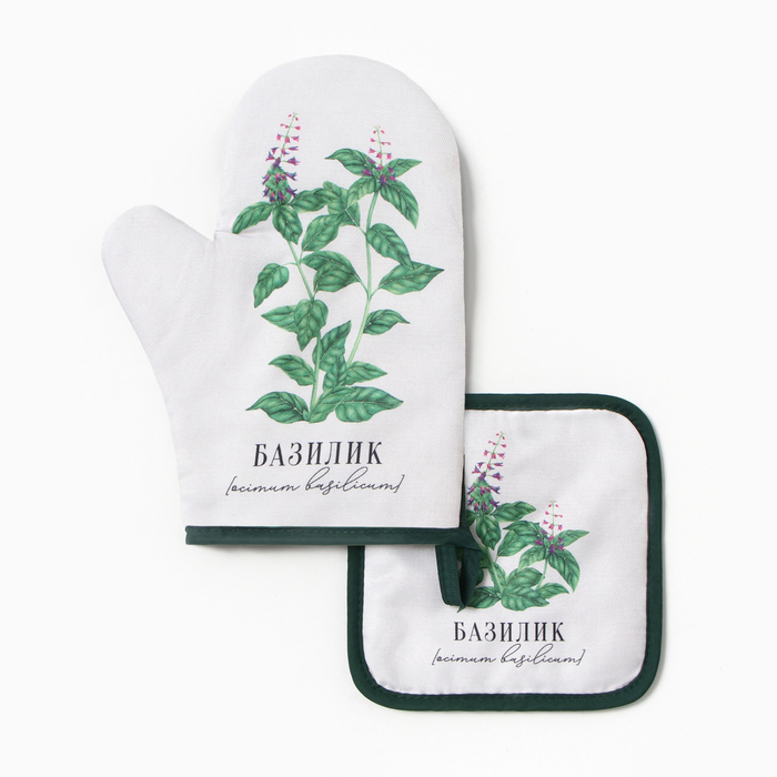 Кухонный набор «Доляна. Базилик»: варежка-прихватка 20×27 см, прихватка 17×17 см - Фото 1