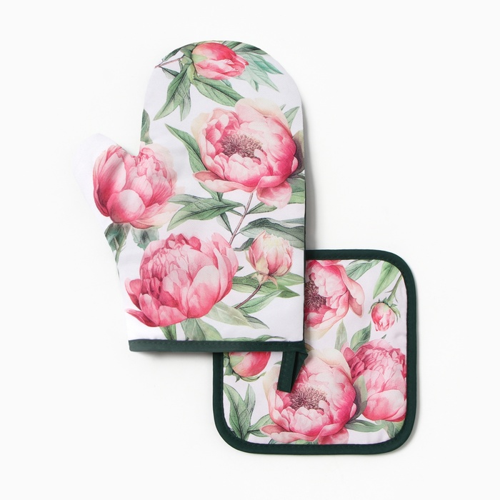 Набор кухонный «Пионы» варежка-прихватка 20×27 см, прихватка 17×17 см 100% п/э - Фото 1