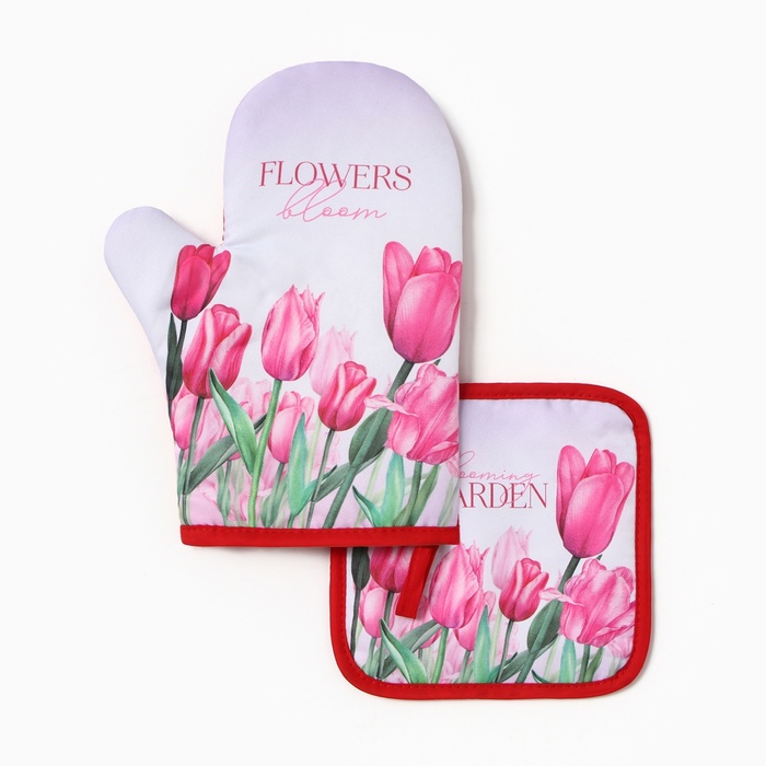 Набор кухонный «Тюльпаны» варежка-прихватка 20×27 см, прихватка 17×17 см 100% п/э - Фото 1