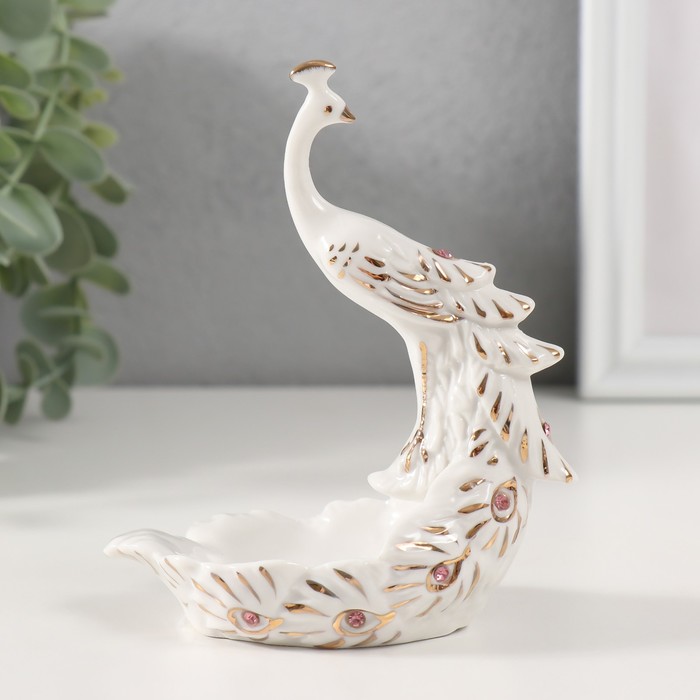 Фигурка-подставка для мелочей керамика «Пава белая», с золотом, стразы - Фото 1