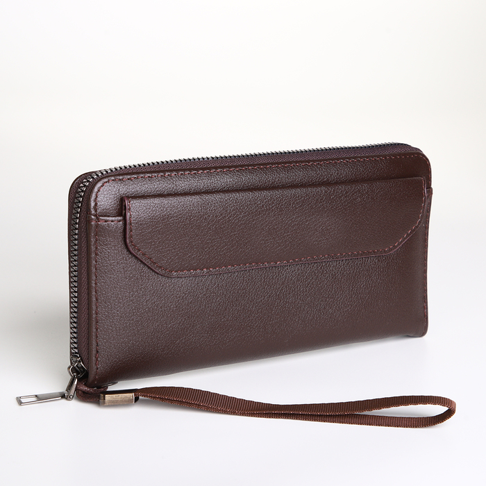 Портмоне-клатч мужской на молнии, с ручкой, коричневое - Фото 1