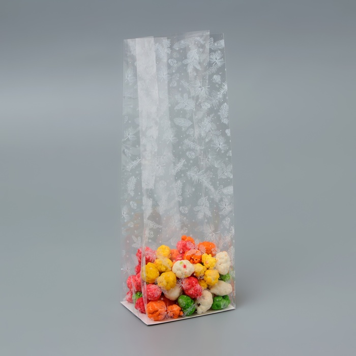 Пакет подарочный новогодний с жёстким дном, прозрачный с еловыми ветками, 6×8×23 см - Фото 1